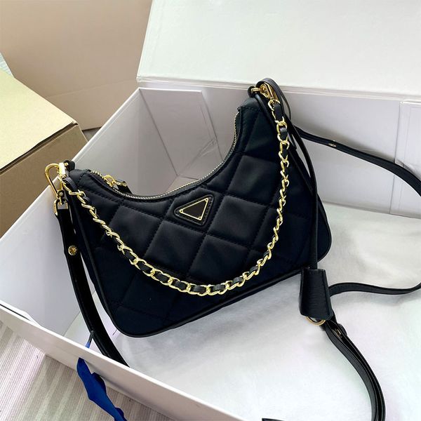 

nylon mini shoulder bag women handbag purse padded stitching leather small totes armpit bags fashion metal triangle wrapped chain strap