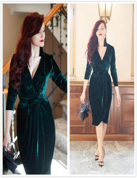 

vestido de festa dark green v neck velvet short cocktail dresses long sleeves ruched club wear dresses evening prom dresses 25873469, Black