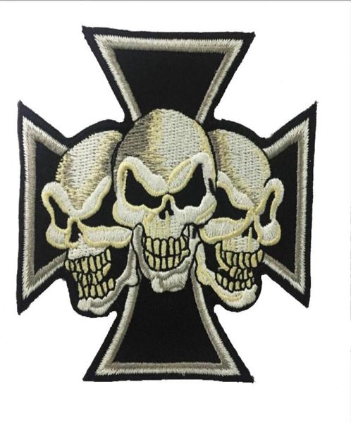 

fantastic maltese cross devil triple skulls christian embroidered patch iron on sew on patch for biker clothing jacket vest 4970663, Black