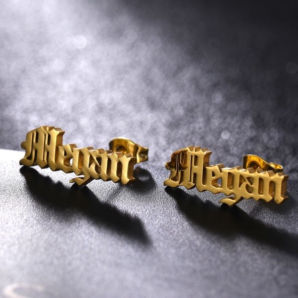 

hoop huggie 1 pair personalized custom name earrings for women men stainless steel customized nameplate stud earring gift hip hop jewelry 23, Golden;silver