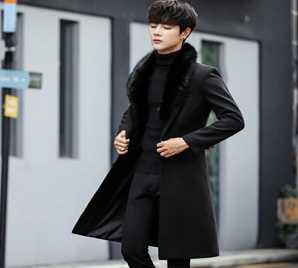 

men039s wool blends winter 2021 korean fashion slim woolen overcoat midlength large fur collar trench coat7875282, Black
