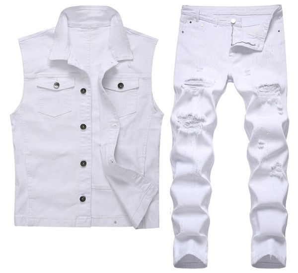 

white men039s vest and jeans 2pcs sets summer tracksuits ripped hole slimfit denim waistcoat pants two piece set conjuntos d2735229, Gray