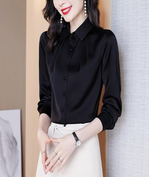 

2022 long sleeved runway silk shirt lapel women designer black blouses casual lady office button down shirts spring autumn fine el9013249, White