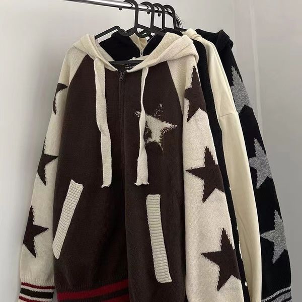 

men's sweaters korean fashion men's zip up hoodie star autumn winter sweater y2k streetwear vintage men cardigans coats sweatshirt, White;black