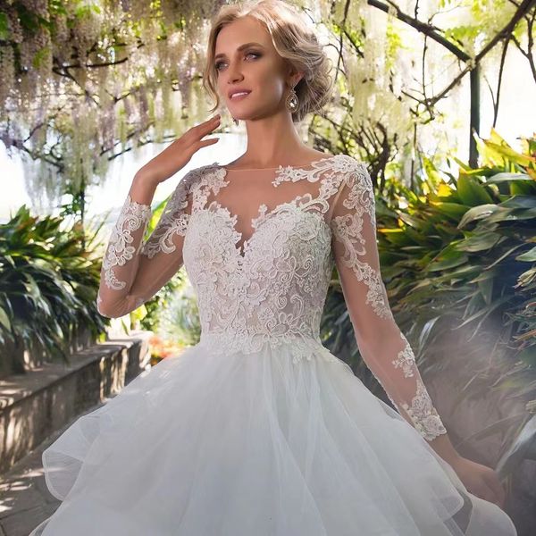 

2023 plus size luxurious beaded crystals wedding dresses arabic aso ebi long sleeve ball gown bridal dresses sheer neck puffy tiered tulle s, White