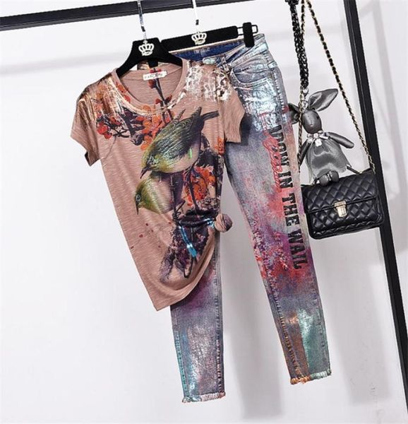 

new autumn winter tracksuits summer vintage print tshirt pencil denim pants 2 piece set women loose short sleeve t shirt jeans sui5725492, Gray