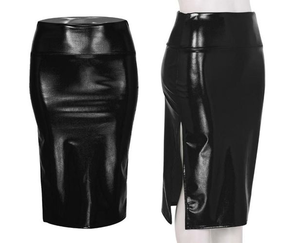 

skirts women shiny metallic holographic high waist side split bodycon midi pencil skirt night club party festival rave costum3228614, Black