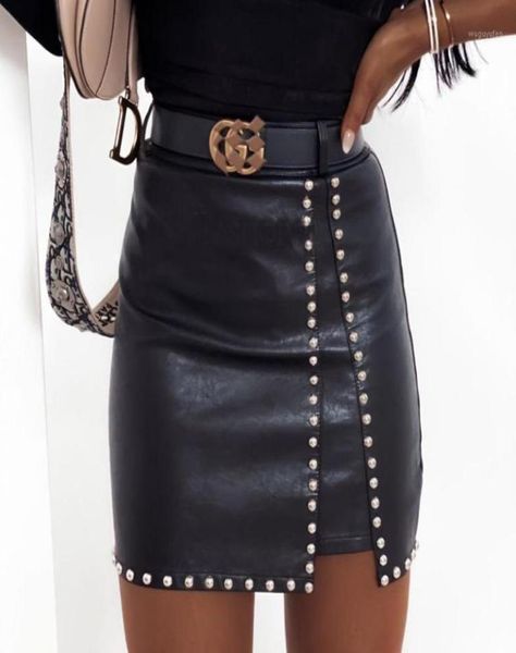 

elegant fashion rivets pu leather skirts women mini pencil skirts office lady solid color high waist slim bottoms14537536, Black
