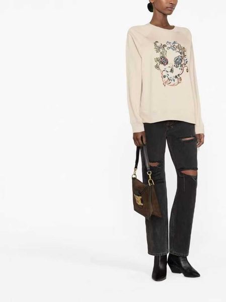 

zadig voltaire classic fashion pure cotton sportswear skull colored gold silver thread embroidery brushed fleece women round neck sweat appa, Black