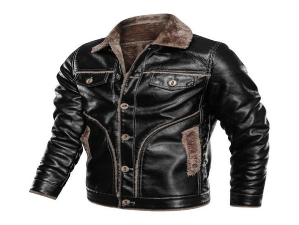 

men039s fur faux winter leather jacket men plus size 7xl 8xl thick casual sherpa fleece lined warm coat with collar pu5253761, Black