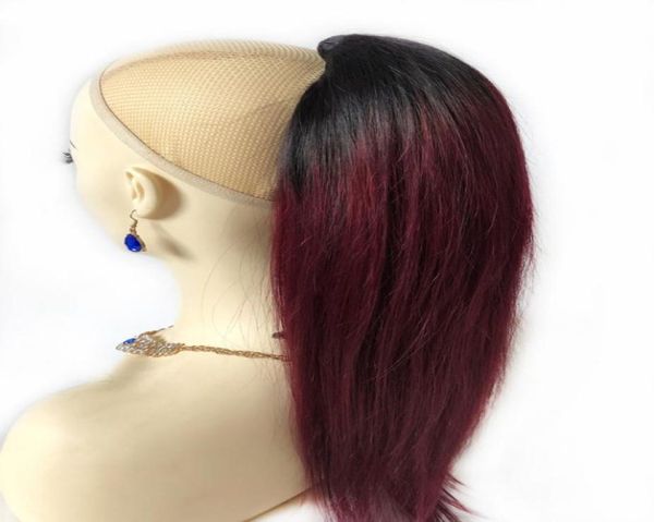 

burgundy ombre human hair ponytail peruvian virgin straight clip ins extensions for women dark roots 1b 99j drawstring ponytail fa1422914, Black
