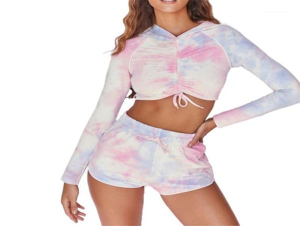 

2020 two piece women039s outfits tiedye long sleeve cropped and shorts twopiece suit outfits women lounge set13217994, Gray
