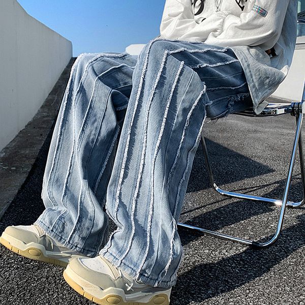 

men's jeans y2k streetwear striped baggy stacked jeans pants men clothing washed blue straight loose denim trousers vetements homme 230