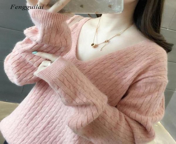 

beige woman sweater round neck wide shoulders ruffled long sleeves cashmere woll warm for women8352106, White;black