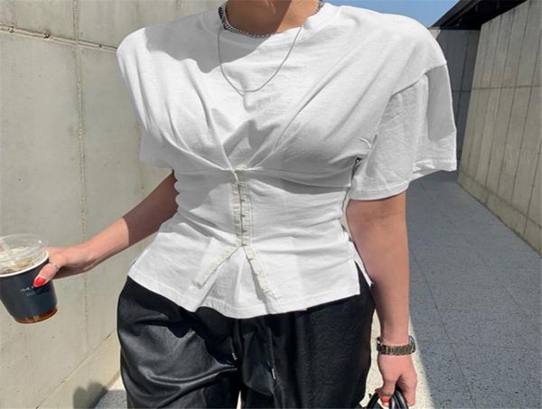 

2020 fashion women summer o neck cross white blouse tunic short sleeve high waist button shirts office ladies shirts 7570050