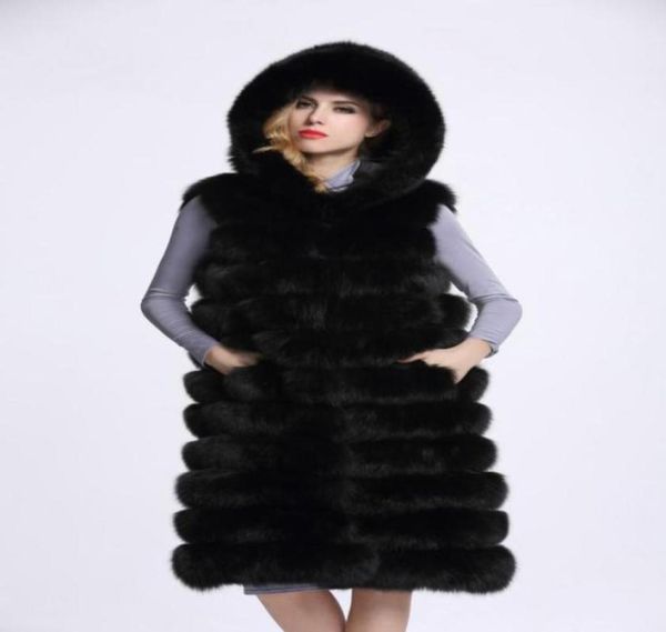 

artificial fur coat winter fluffy coat with fur hood faux mink fox fur vest jacket feminino long ladies waistcoats85157251675909, Black