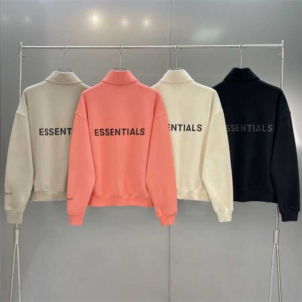 

fw22 autumn/winter new double thread esential back single row silicone loose fit standing neck zipper cardigan sweater, Black