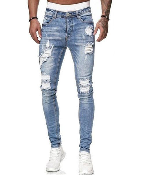 

mens hole jeans summer autumn casual male ripped elastic force trousers slim biker outwears harajuku pants6565567, Blue