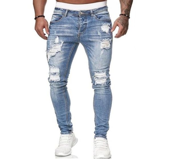 

mens hole jeans summer autumn casual male ripped elastic force trousers slim biker outwears harajuku pants4586507, Blue