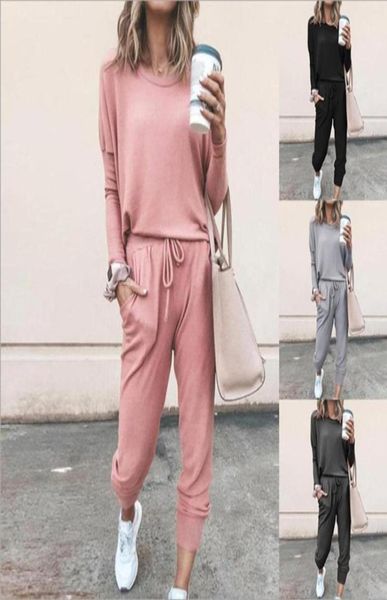 

2021 new women039s 2 piece sport outfits long sleeve and pants set cozy pure color casual pants suit44088816614567, White