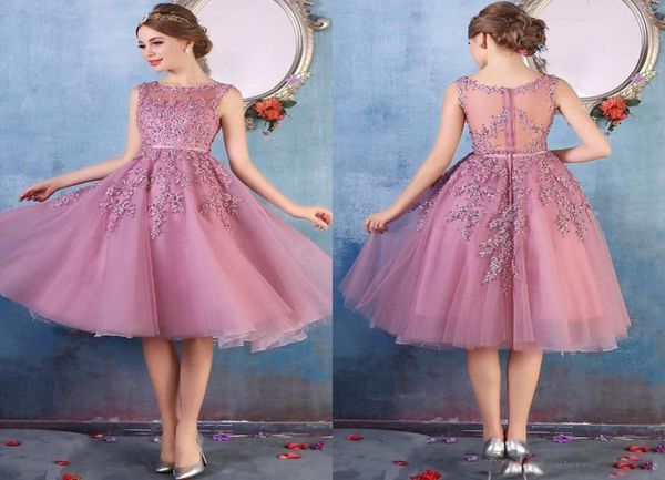 

2019 little short homecoming dresses for party prom wear applique lace jewel neck knee length bridesmaid gown5853583, Blue;pink