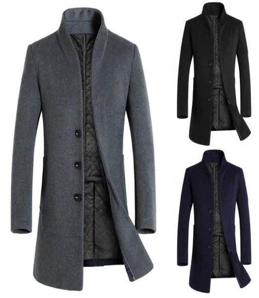 

men039s wool blends men coat winter peacoat solid color stand collar long sleeve thick jacket overcoat for work clothes stree4452496, Black