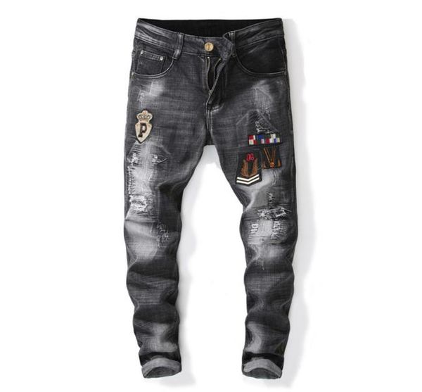 

2019 mens badge rips stretch black rock revival jeans fashion designer slim fit washed motocycle denim pants panelled hip hop trou5235155, Blue