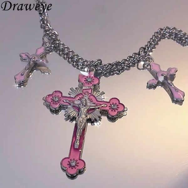 

pendant necklaces draweye pink cross necklaces for women y2k fashion gothic couple jewelry japan style metal chains chokers pendant necklace, Silver
