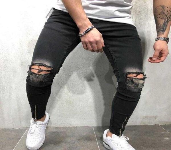 

black jeans men jeans destroyed ripped design pencil pants ankle skinny men street clothe x06214131773, Blue