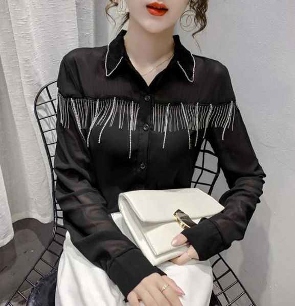 

korean early autumn new longsleeved heavy industry diamond beading tassels chiffon shirts women blouses fashion streetwear 20217972179, White