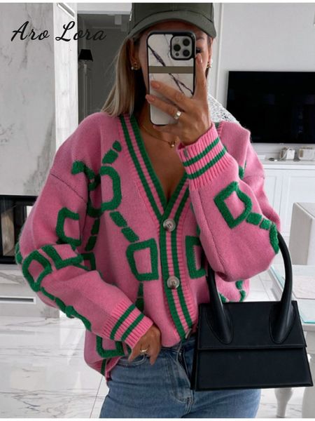 

women's knits tees aro lora women knitted cardigan v neck sweater coat pink striped button vintage cardigans winter loose casual jumper, White