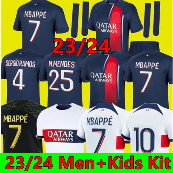 

2023 2024 mbappe hakimi player 30 10 soccer jersey vitinha n.mendes 22 23 24 maillots de football verratti men kids kit shirt uniforms homme, Black;yellow