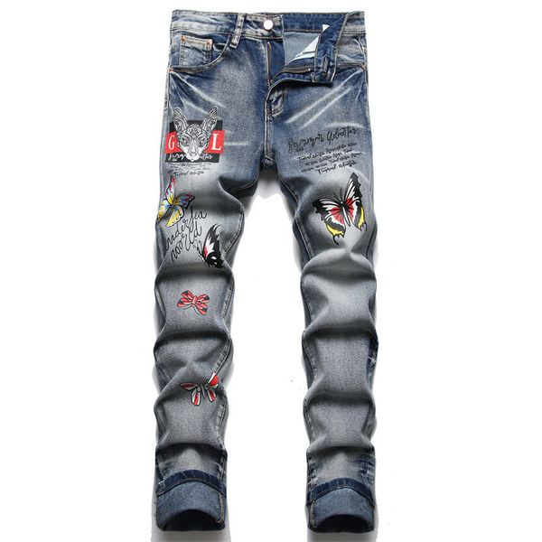 

mens jeans rock punk style design printed blue digital print stretch denim pants fashion slim tapered trousers jeans 230808