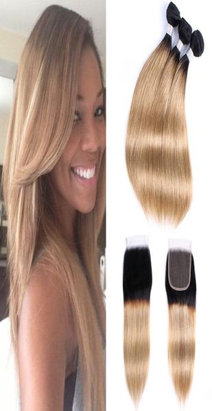 

1b27 ombre blonde hair bundles with closure 3 bundles with 4x4 lace closure brazilian straight hair remy human hair extensions7424285, Black;brown