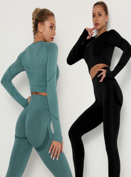 

women039s two piece pants seamless women set long sleeve belly control high waist sport leggings gym clothes girls tracksui7670115, White