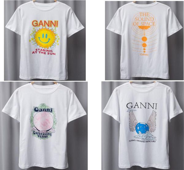 

women 35ganni t-shirt short sleeve gaze sunshine smiling face star pattern print loose ern europe high-quality temperament cotton8281045, White