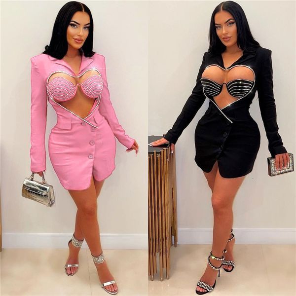

urban dresses fashion spring summer women long sleeve slim blazer dress notched collar diamonds heart cut out party dress black pink 230807, White;black