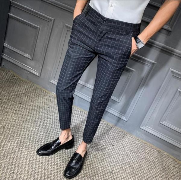 

korean men039s dress pants fashion plaid stripe casual slim fit office pants pantalon classic retro plaid suit pant wedding7783995, Black