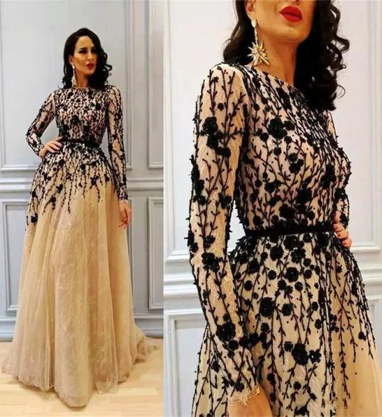 

golden champagne long prom dresses elegant long sleeve black appliqued tulle covered lace evening dress glamorous middle east prom1707706
