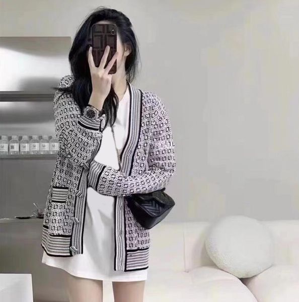 

spring fall designer women sweater high-end luxury f letter full printed button cardigan cardigan v-neck comfort and warmth, White;black