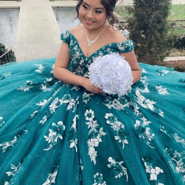 

2023 emerald green shiny quinceanera dresses applique 3d flower crystal court train formal ball gowns birthday party gowns, Blue;red