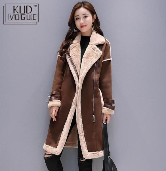 

women faux leather lambs wool coat female long thick warm shearling coats suede leather jackets autumn winter female outerwear t194862952, Black