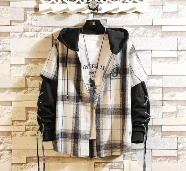 

plaid hoodie sweatshirt men flannel fleece style hip hop high street casual cardigan longsleeved5537692, Black
