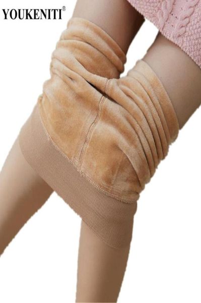 

youkeniti winter new plus fleece thick leggings skin color match short skirt high waist solid elastic fitness legging for women6567394, Black