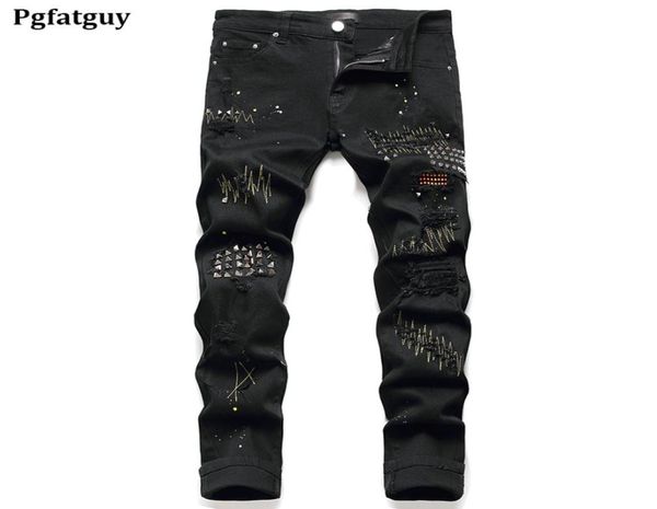 

2021 new men039s rivet ripped black jeans pants stretch embroidery denim trousers male streetwear willow nails mens pants biker2632679, Blue