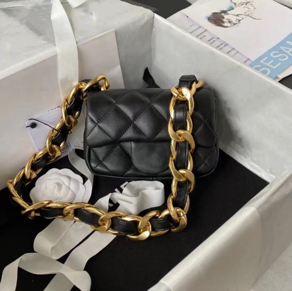 

10a big gold chain 17cm trapezoid chip authentication sheepskin leather shoulder bag women black handbags ladies composite tote bag clutch f