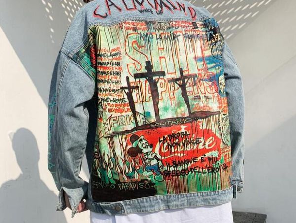 

painted printing men denim jacket cartoon graffiti print loose coats vintage hip hop leisure outerwear6213601, Black;brown