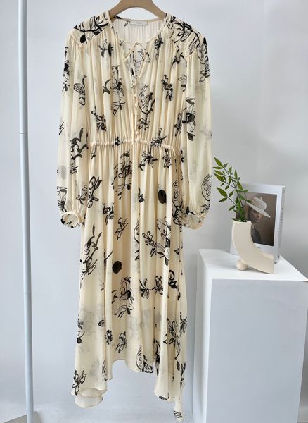 

new toteme print dress v-neck balloon sleeves women, Black;gray