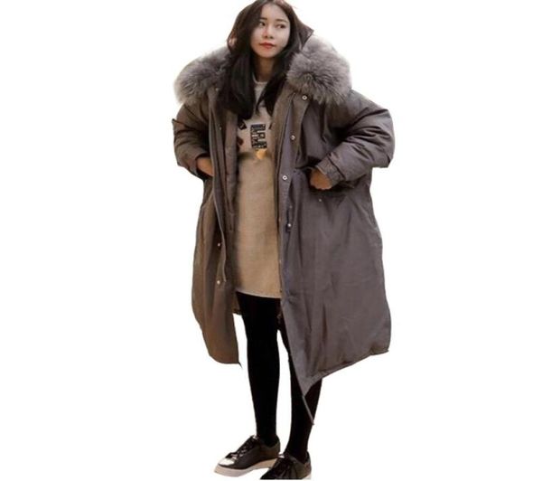 

olgitum 2018 winter coat women large fur collar hooded long jacket thick warm korean padded parka oversized military parka cc026 s3366104, Black