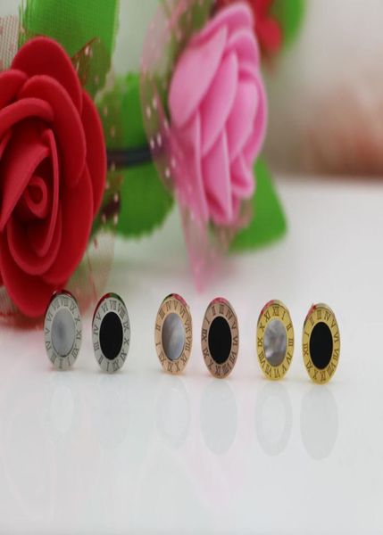 

promotion 316l stainless steel rome number black and white shell stud earrings for women couples fine jewlery whole4744660, Golden;silver